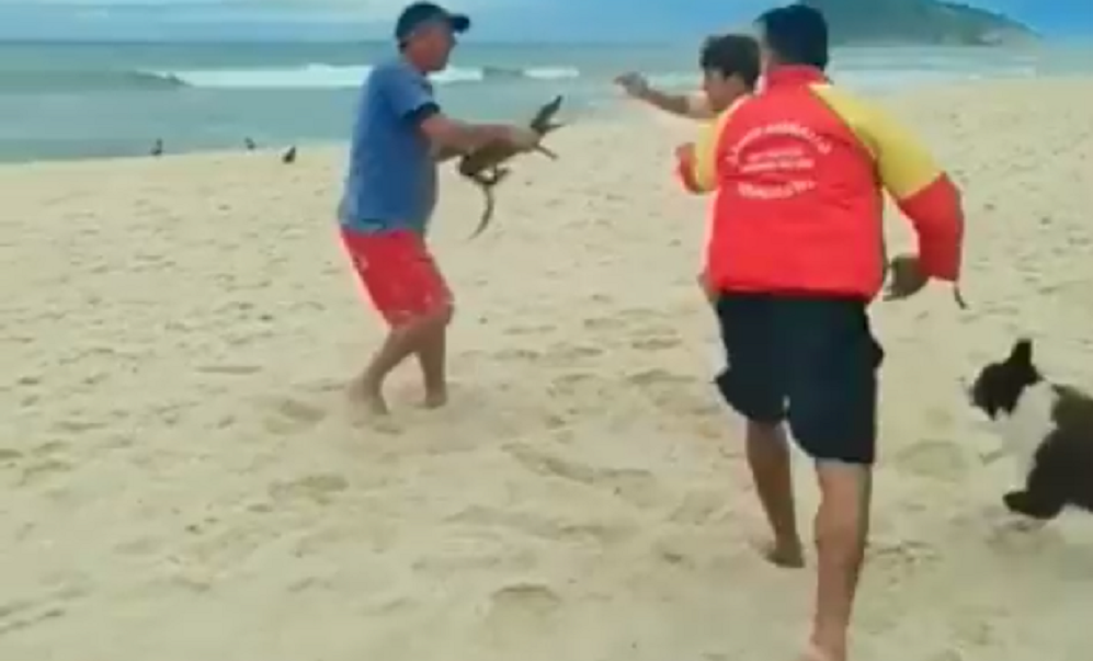 É possível ver os dois homens brigando pelo animal, que chegou a ser usado para 'ameaçar' um deles.