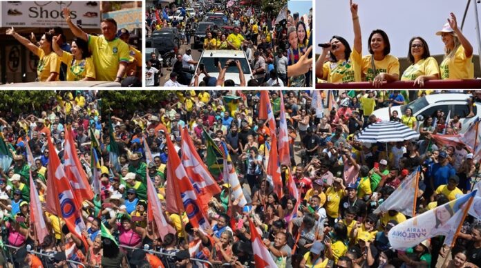 O ex-presidente Jair Bolsonaro participa de mega carreata em Valparaíso de Goiás para apoiar a candidatura de Maria Yvelônia. Acompanhado por Michelle Bolsonaro, Damares Alves e Celina Leão, o evento parou na cidade.